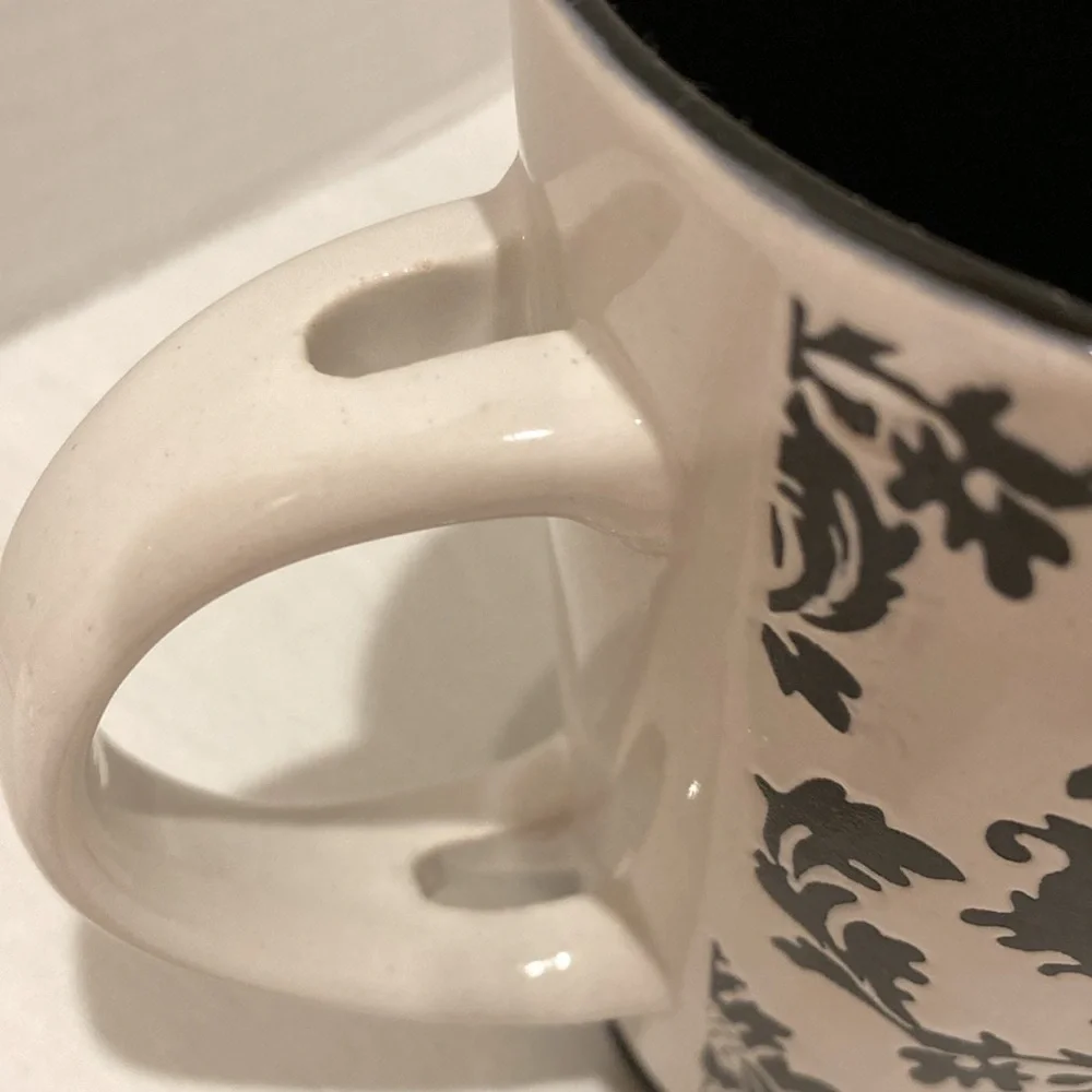 Pier 1 White and Black Damask Design Handpainted Stoneware Mug Cup